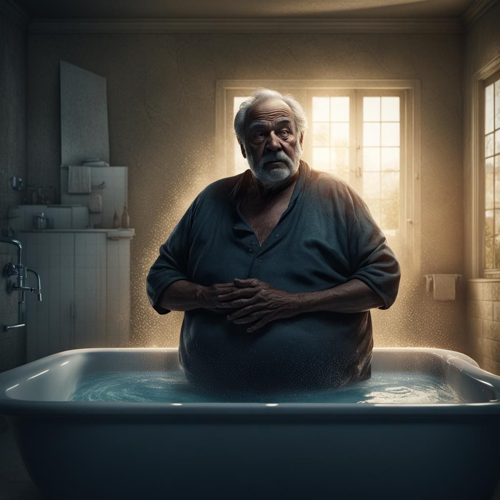 Dramatic Cinematic Portrait of Older Man in Bathroom
