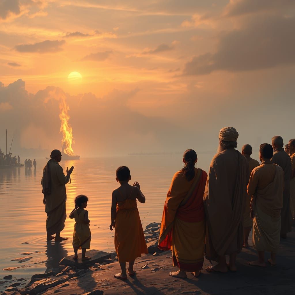 Guru Prays Amidst Ganga River Flames in a Nostalgic, Mystica...