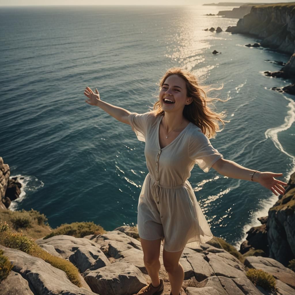 Woman Smiling on Cliff in Golden Hour Lighting