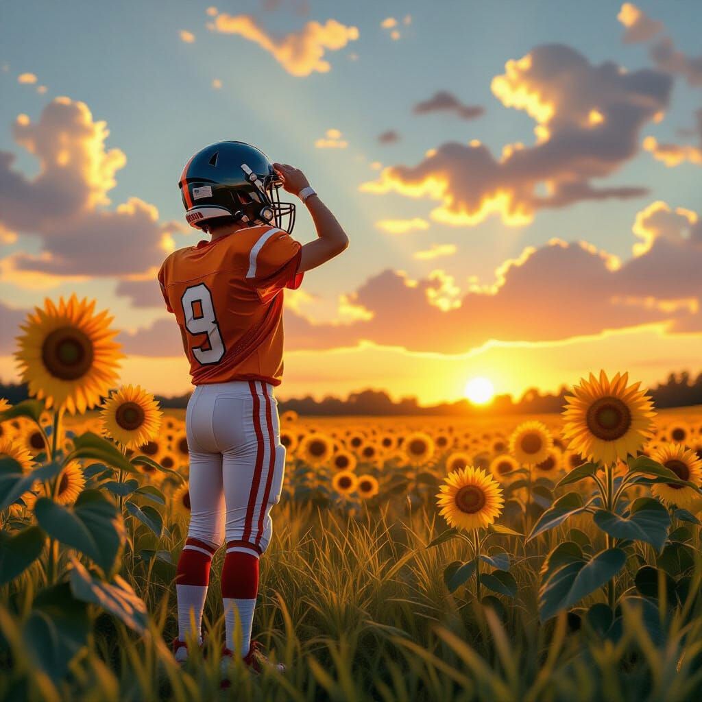 Football Player in Sunflower Field at Sunset
