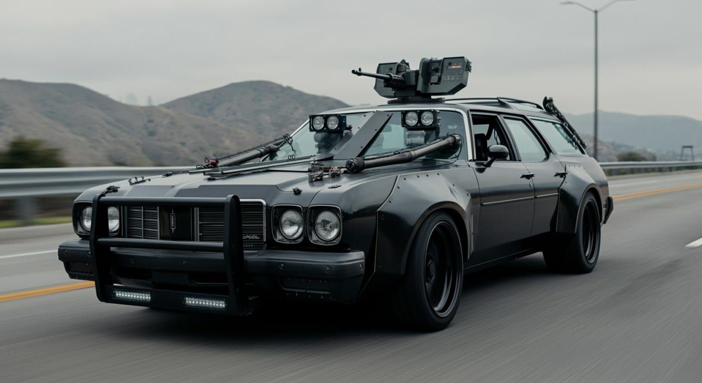Cyberpunk Armored 1973 Oldsmobile Speeds Through Apocalyptic...