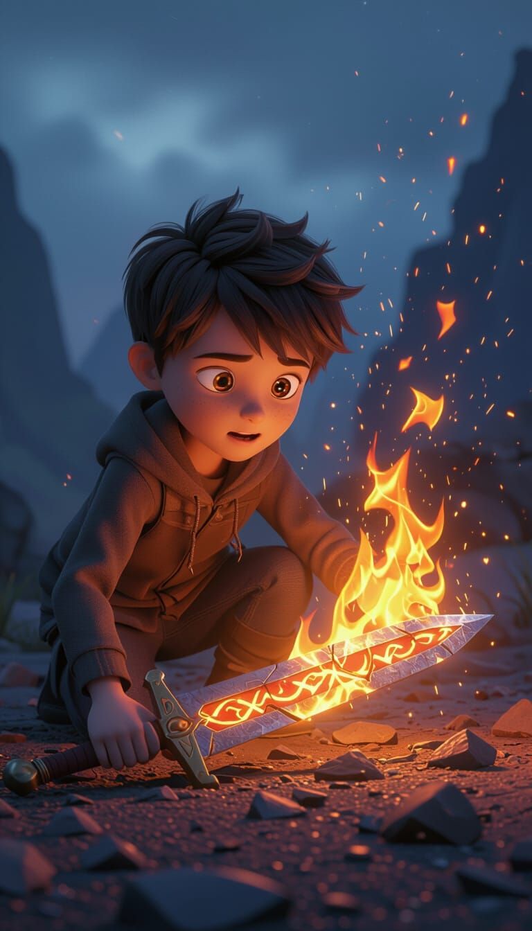 Boy Touches Ancient Sword Igniting Fire: 3D Cartoon