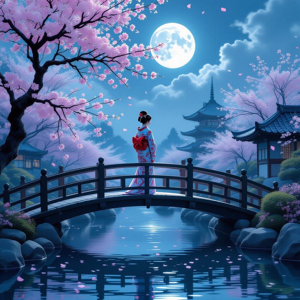 A geisha standing on a moonlit bridge