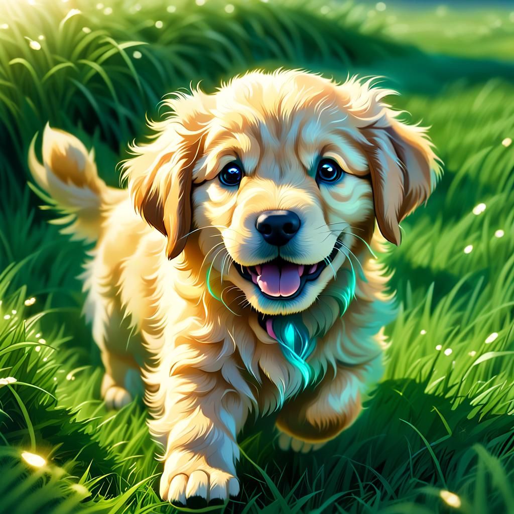 Fluffy Golden Retriever Puppy in a Vibrant Digital Painting