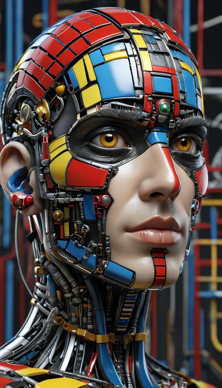 Cyborg Piet Mondrian in a Vibrant, Intricately Carved Futuri...