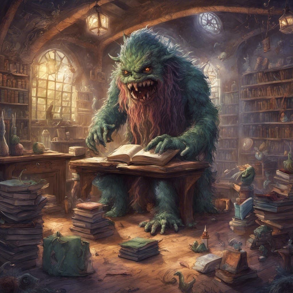 a magical artwork of a monster's first day at a school for magical creatures, where spell books and potion-making are pa...