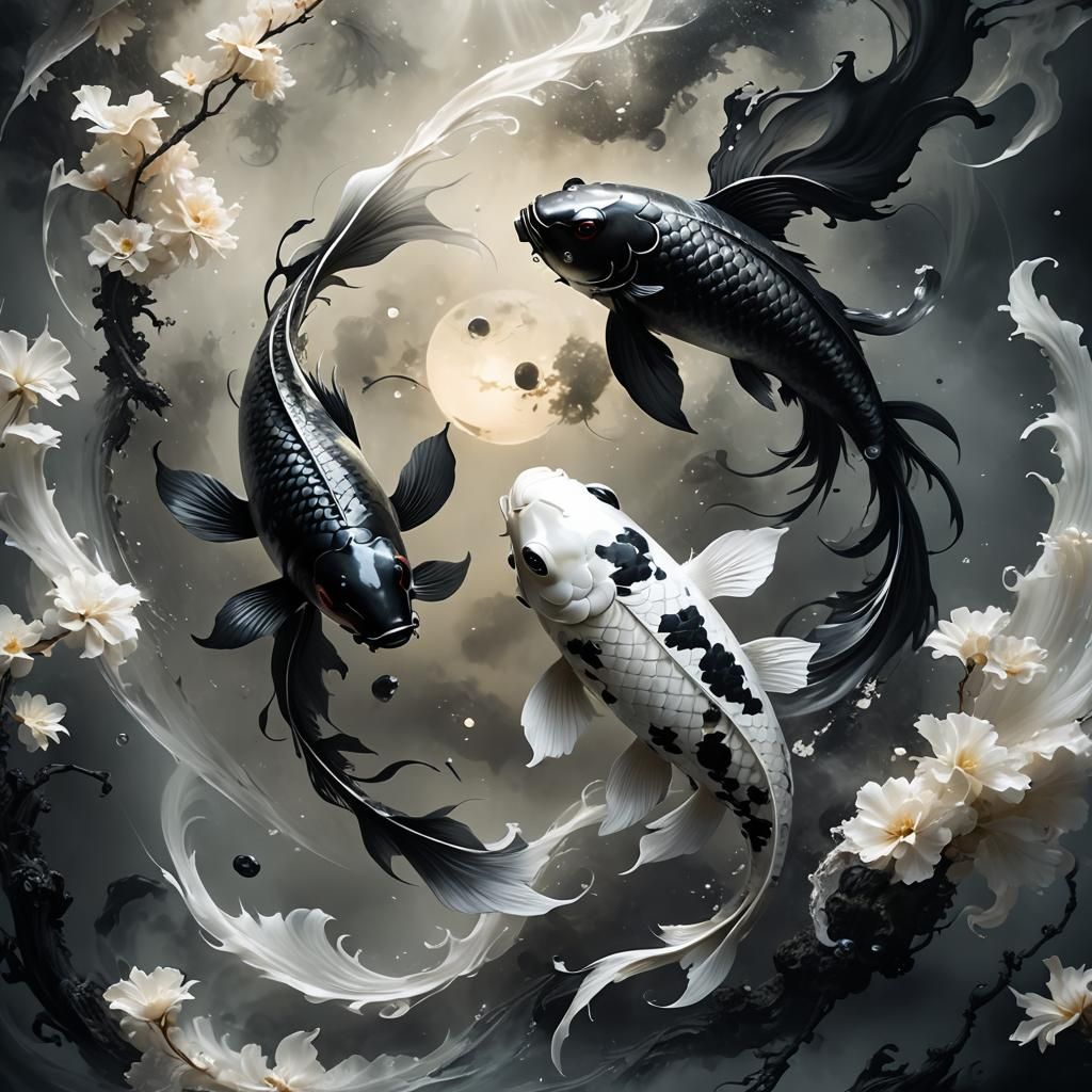 Yin Yang Koi Fish in Mystic Digital Art