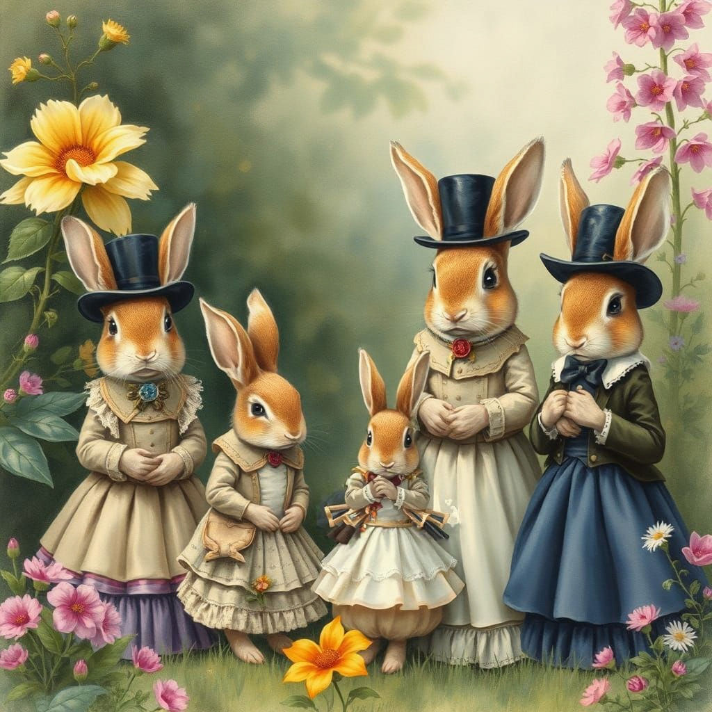 Rabbits in Elegant Victorian Garden