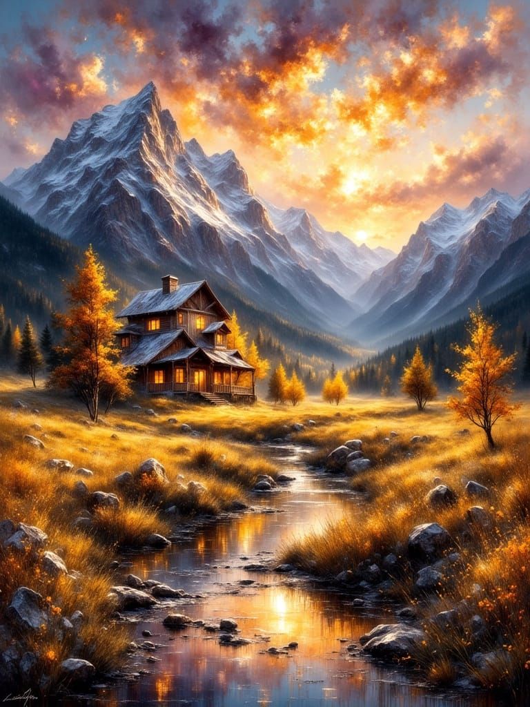 1800s Ranch in Sun-Drenched Meadow Beneath Snowy Mountains