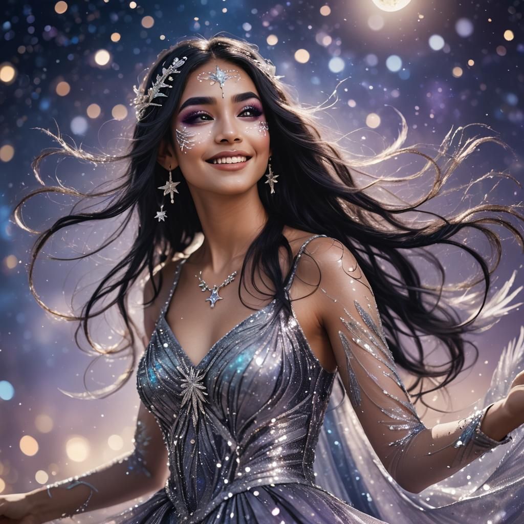 Fantasy Girl Portrait with Silver Dress and Star Designs