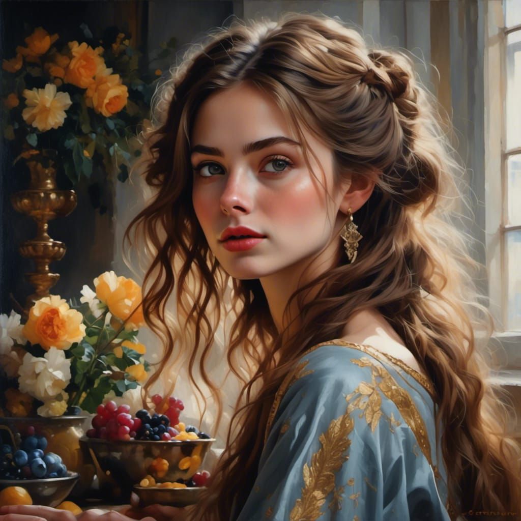 Detailed Young Woman in Greece, Hyperrealistic