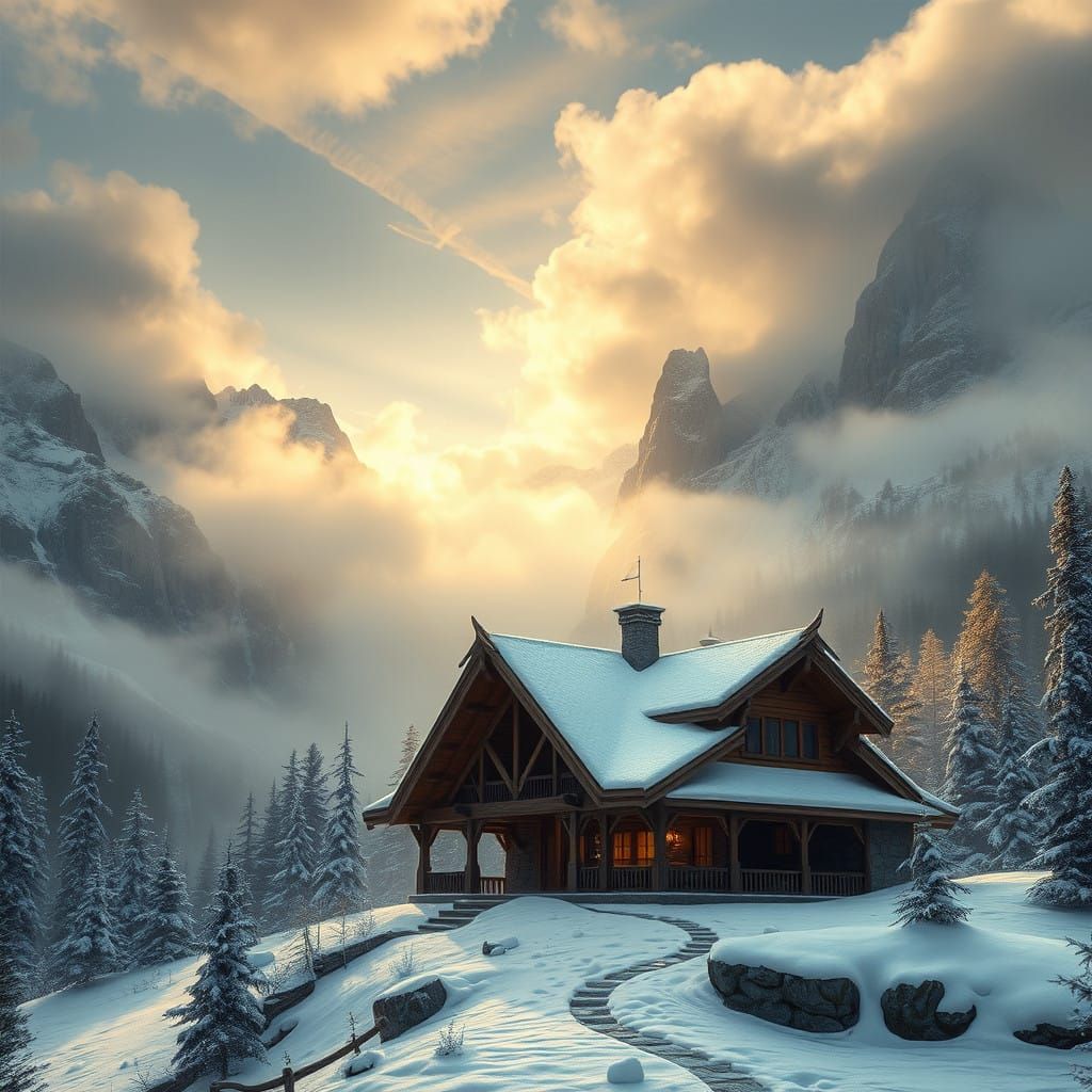 Rustic Snow-Covered Cabin in Majestic Mountain Landscape
