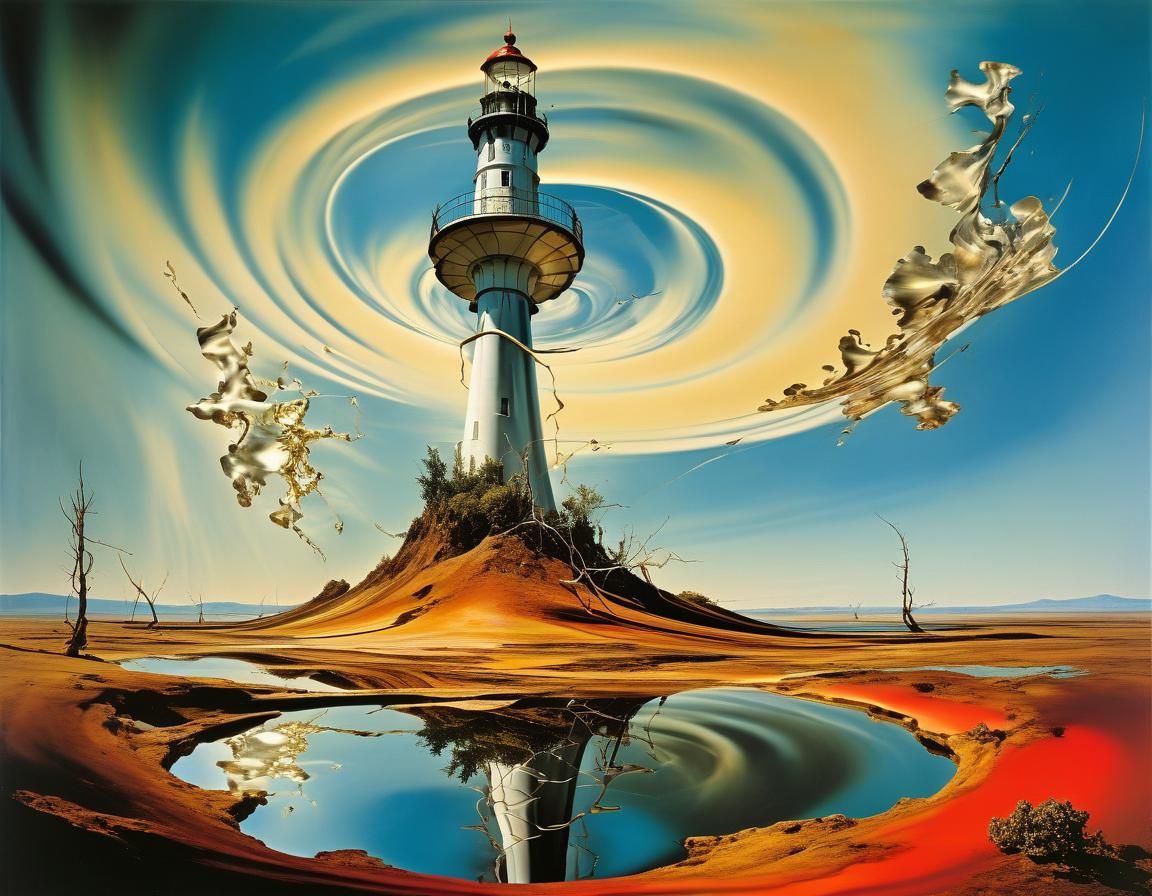 Surreal Landscape with Elastic Flora and Vortex Lighthouse