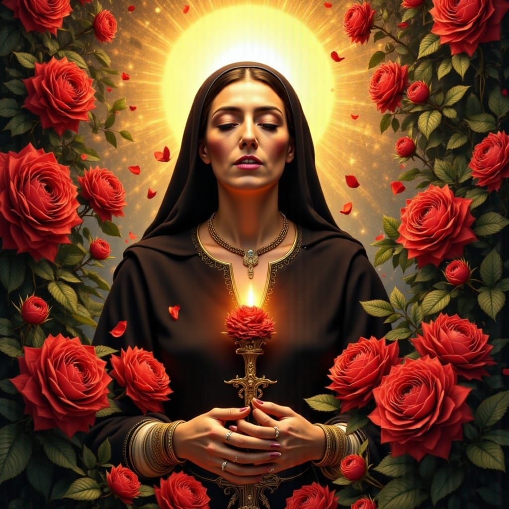 Saint Teresa in Spanish Baroque Chapel with Roses