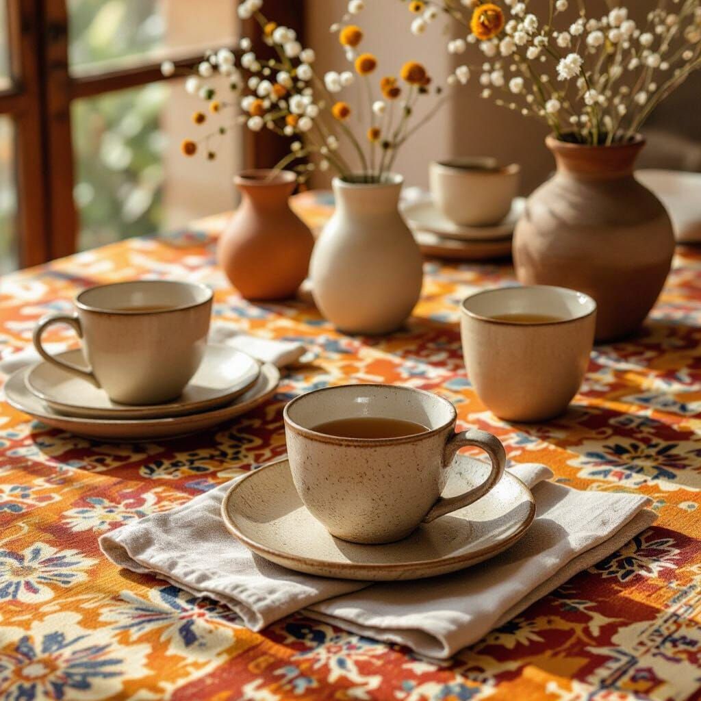 Boho Tabletop Still Life with Ceramic Cups
