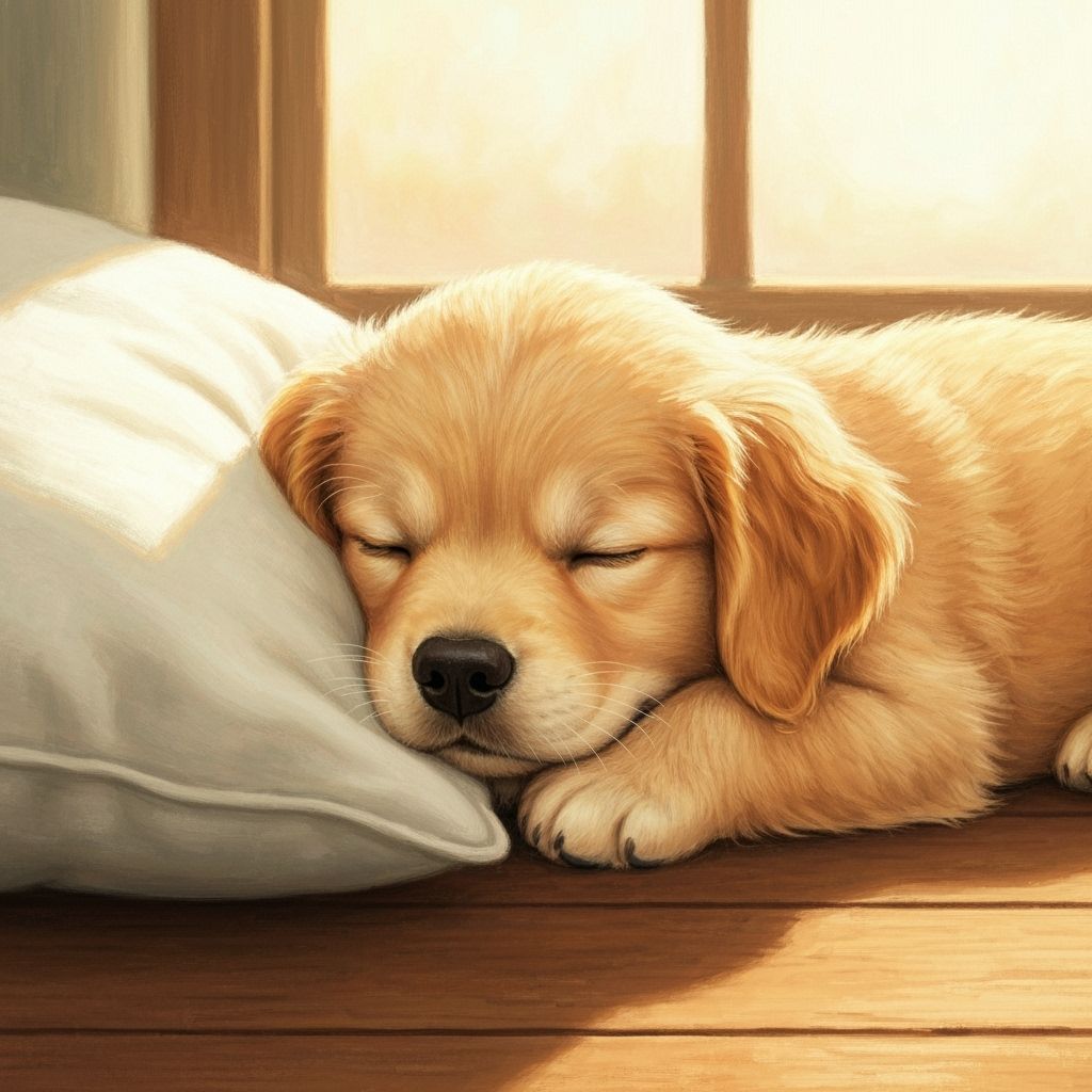 Fluffy Golden Retriever Puppy Asleep in Soft Light