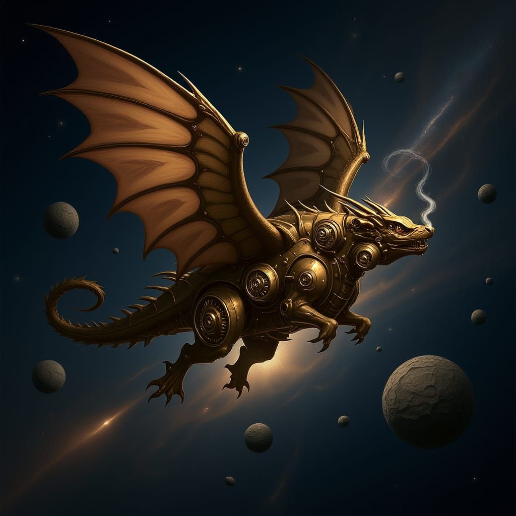 Dragon Spacecraft Soaring Through Nebula in Steampunk Style