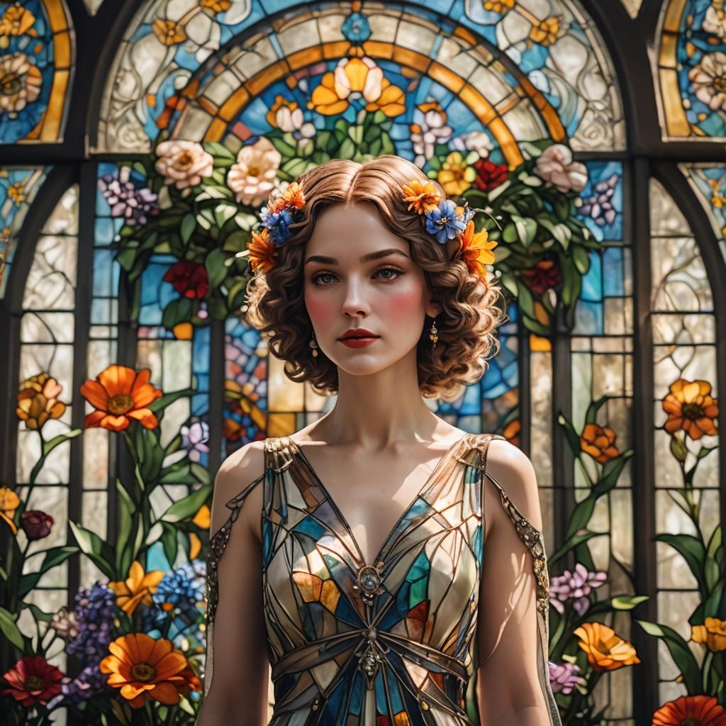 Art Deco Goddess with Stained Glass Flowers