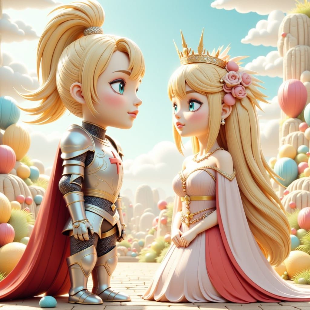 A medieval knight, clad in shining armor, but with oversized, sparkling eyes and a tiny, blushing smile.