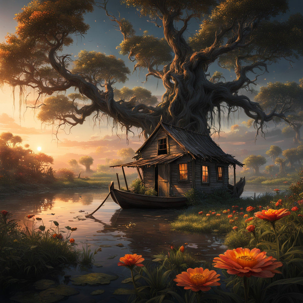 Haunted Forest Shack in Sunset Glow