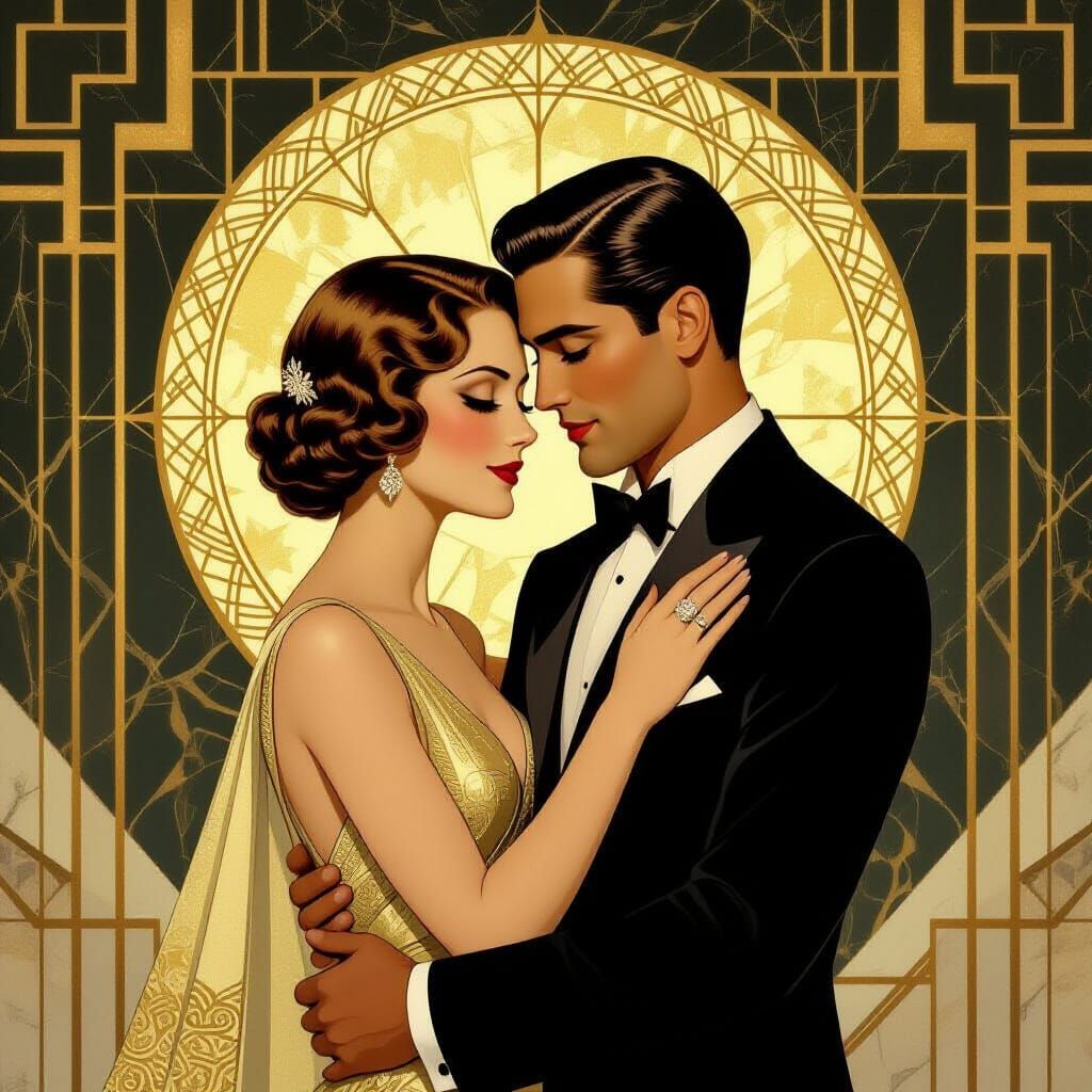 Elegant Couple in Golden Art Deco Embrace