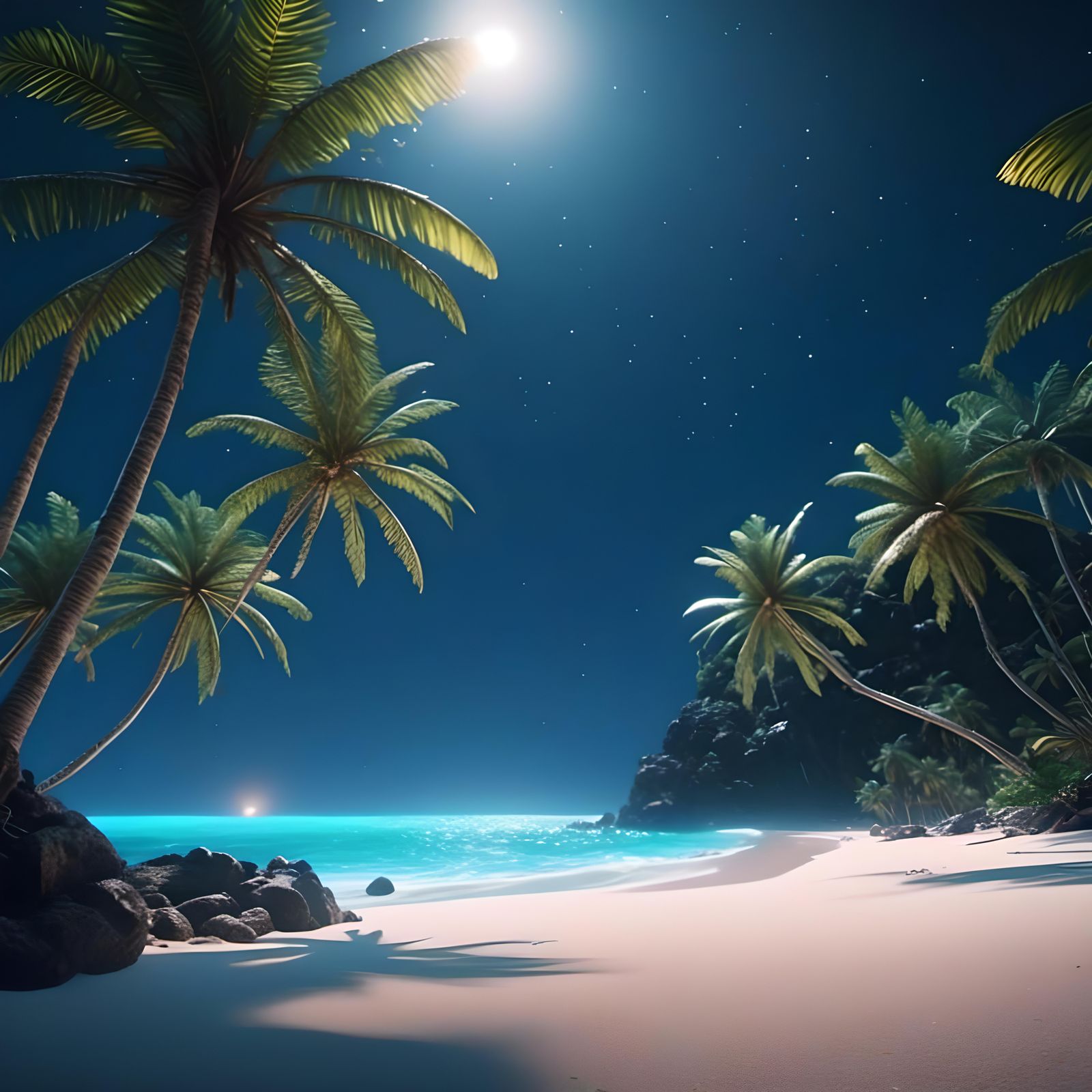 Moonlit Tropical Beach at Night in 3D