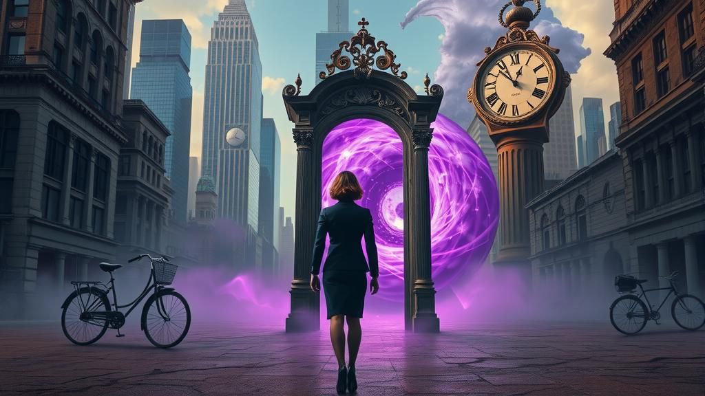 Surreal Cityscape with Melting Skyscrapers and Vortex Doorwa...