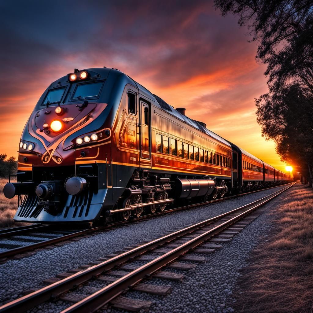 Majestic Train at Sunset in Hyperrealistic Style