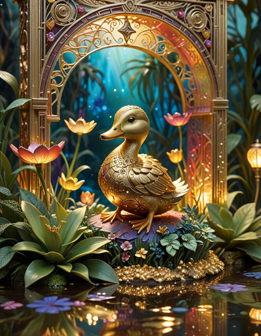 Art Nouveau Sanctuary with Meditating Character and Duckling