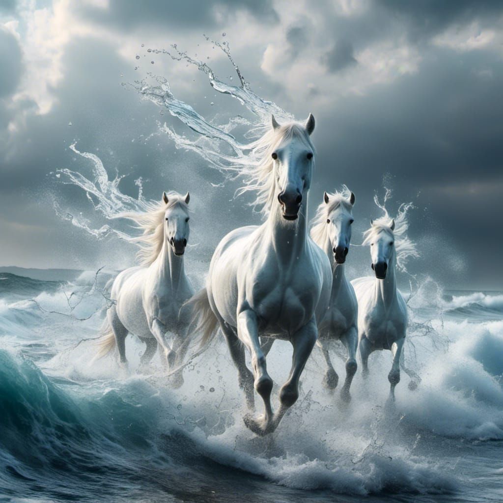 Surreal White Horses Emerge from Crashing Waves