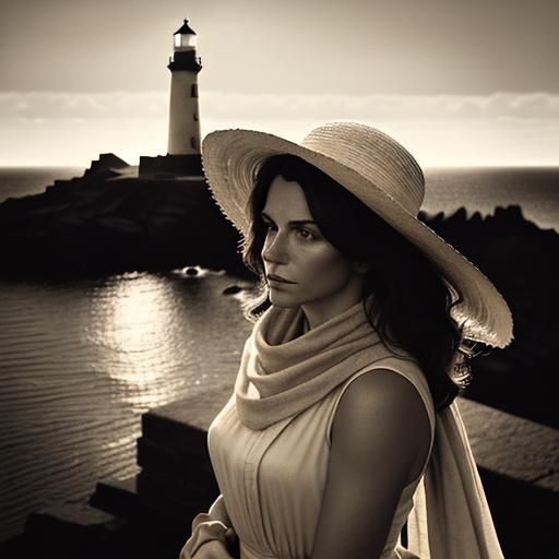 Spanish Woman and Lighthouse: Retro Cinematic Still