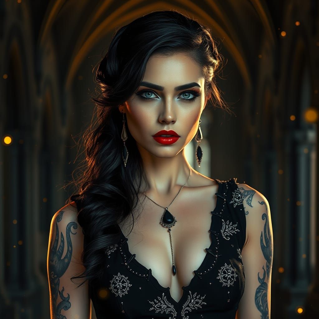 A dark-haired woman with striking gray-silver eyes stands el...