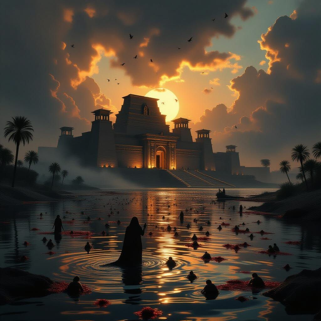Pharaoh's Palace Under Ominous Glow in Biblical Art Style