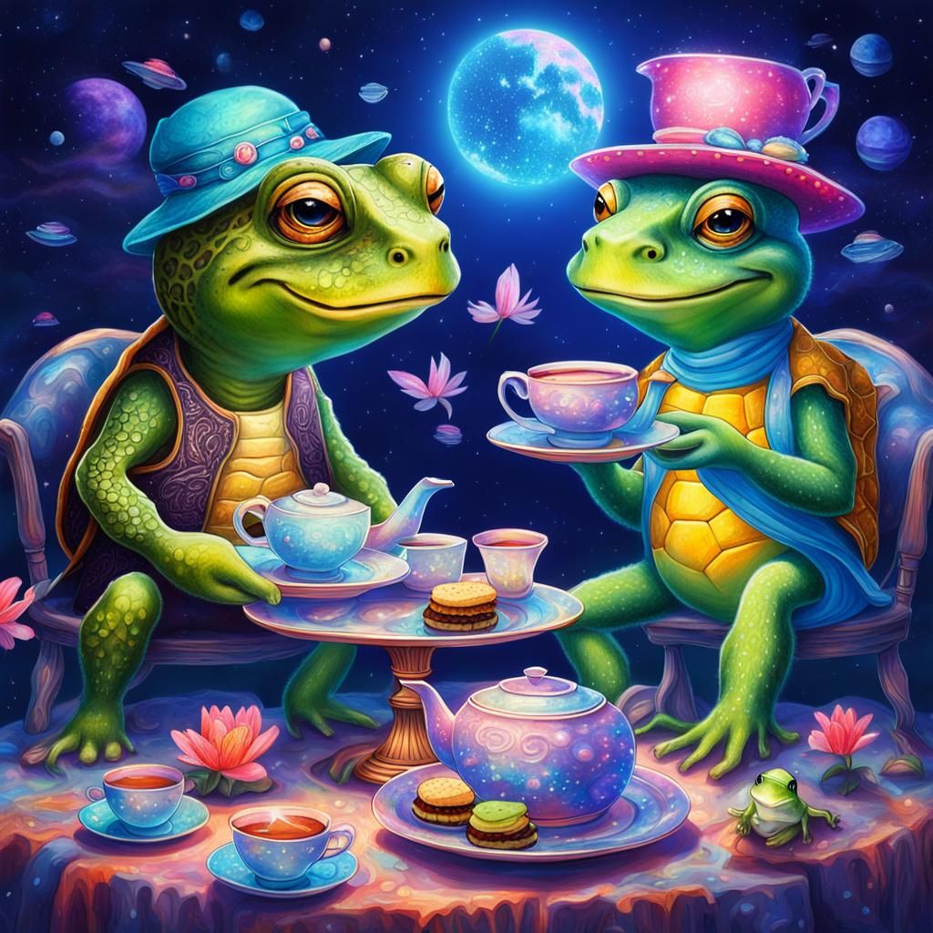 Turtle and Frog Tea Party: Holographic Astral Illustration