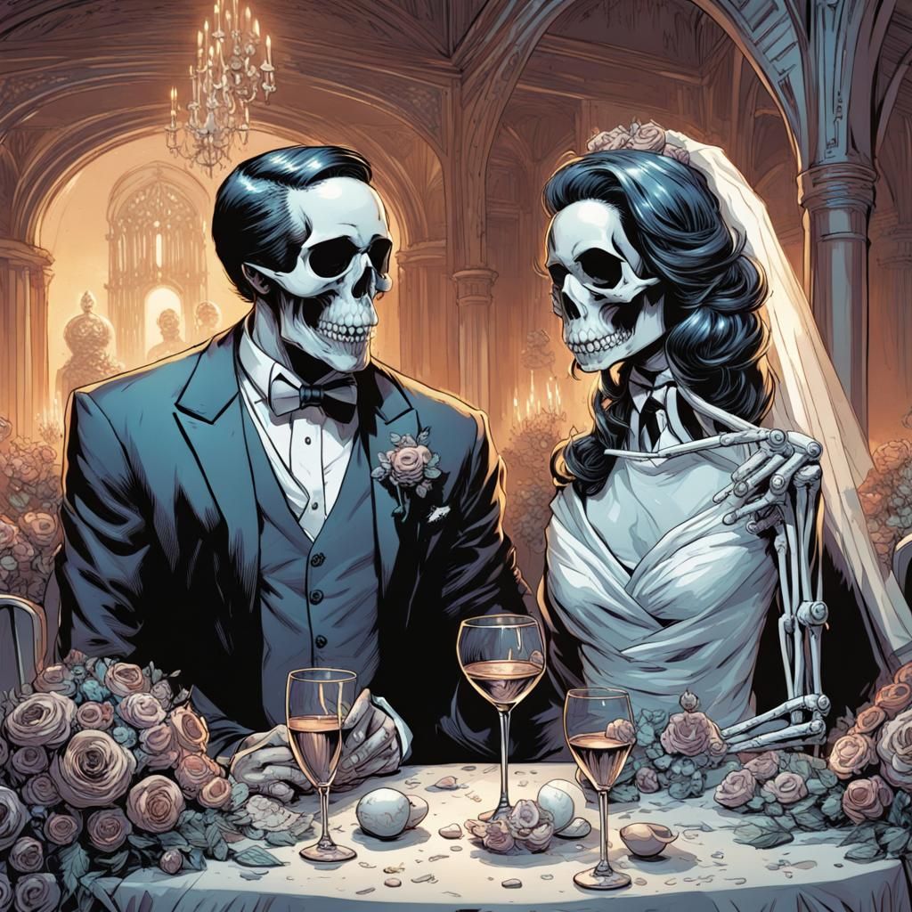 Skull Couple's Wedding in Comic Book Style