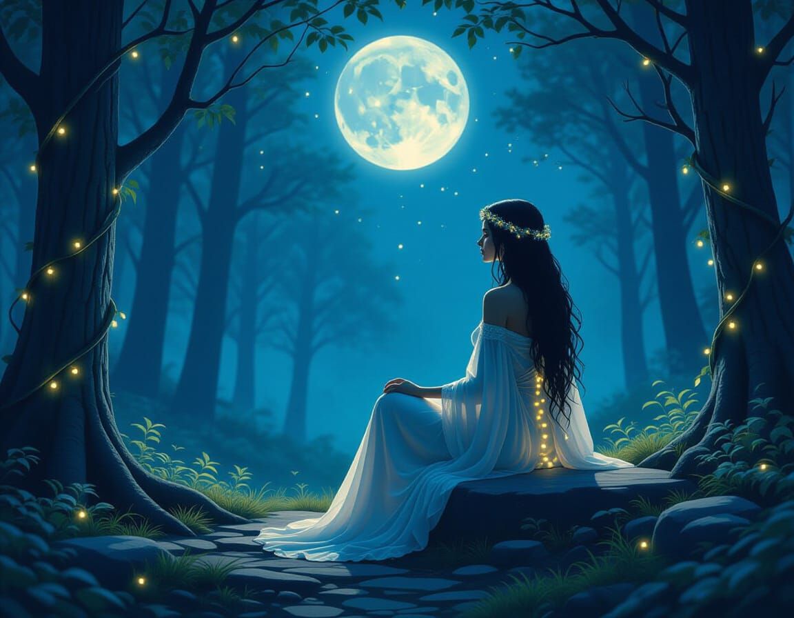 Mystical Moonlit Goddess in Forest Clearing