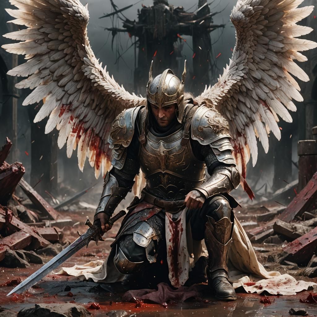 Epic Angelic Warrior on Battlefield in Hyperrealism