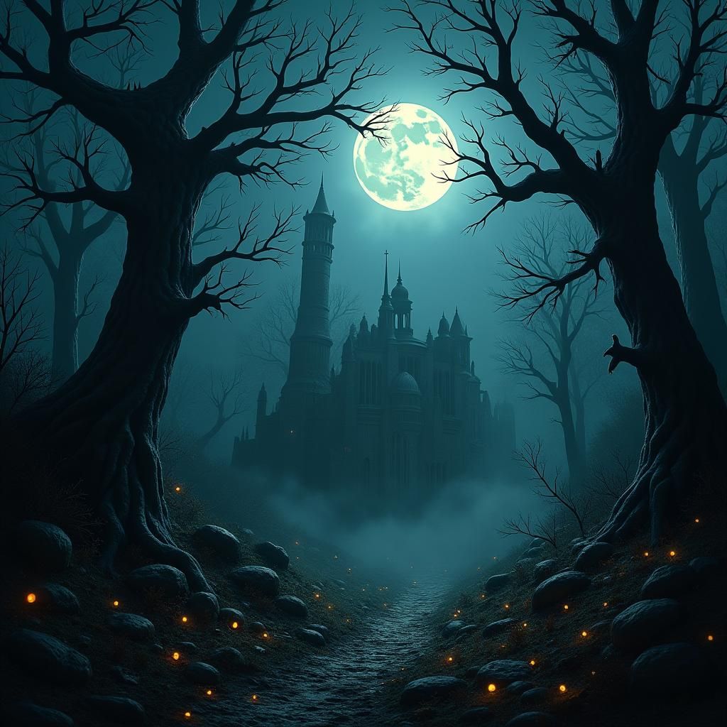 Eerie Halloween Forest Scene in Fantasy Art Style