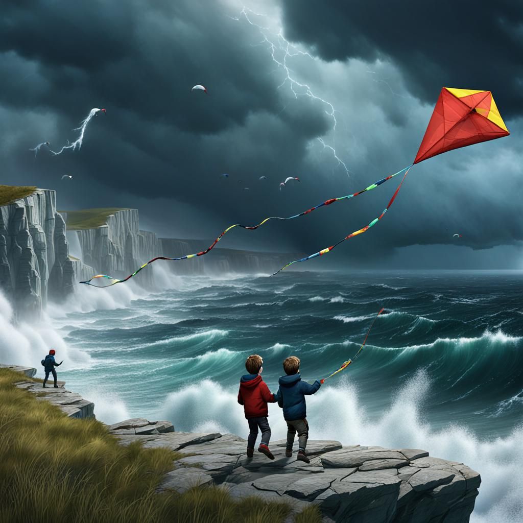 Children Fly Kite in Atlantic Storm: Fantasy Art