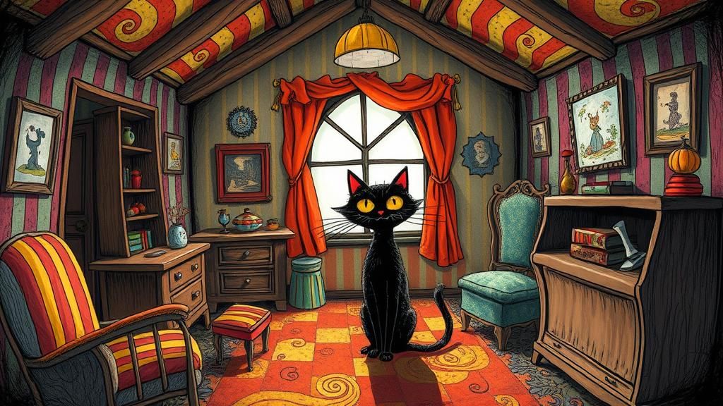 Whimsical Black Cat in Haunted House, Surreal Art