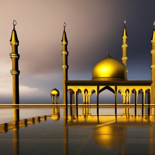Hyperrealistic Mosque Amidst Stormy Ocean Night