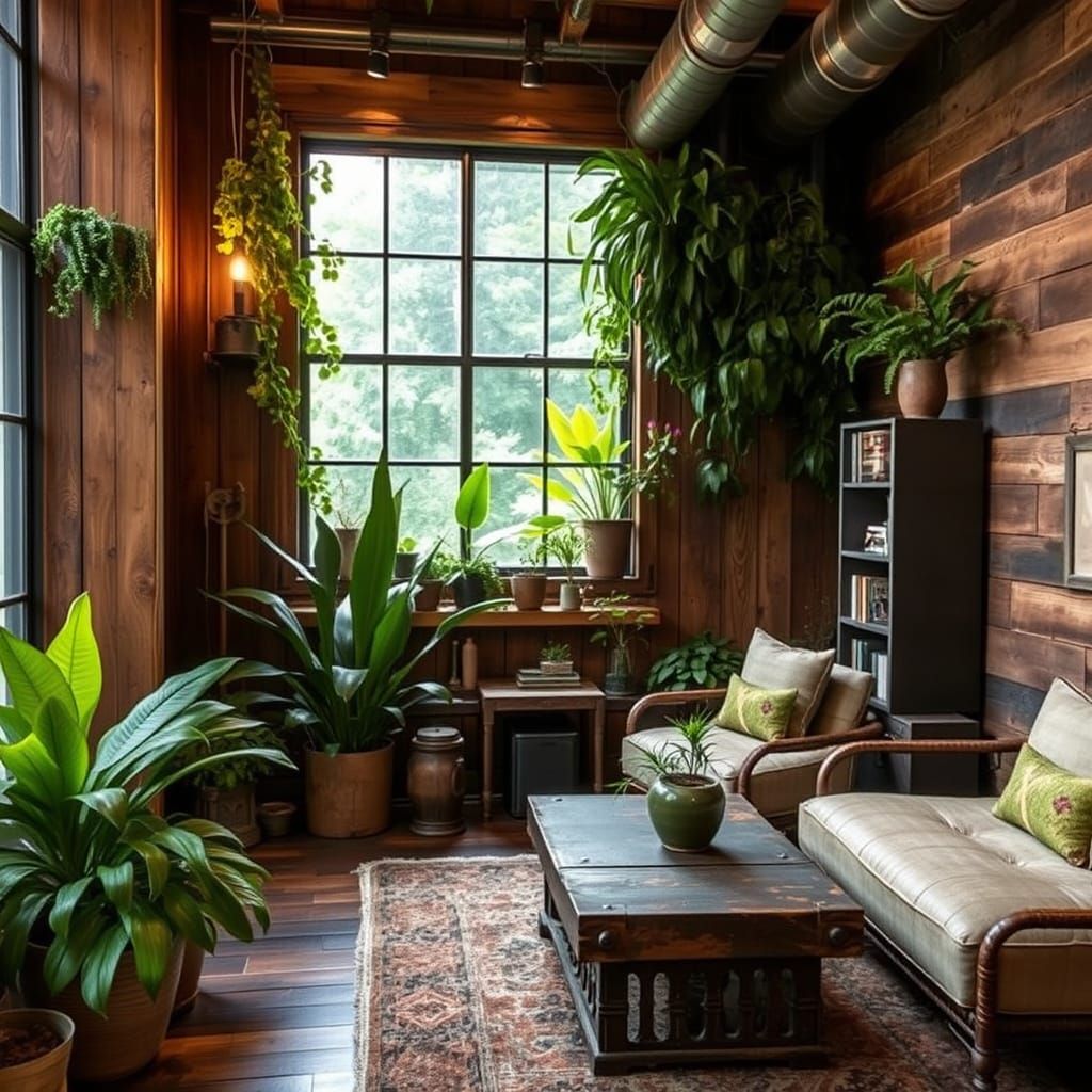 Eco-Industrial Decor with Reclaimed Wood and Greenery