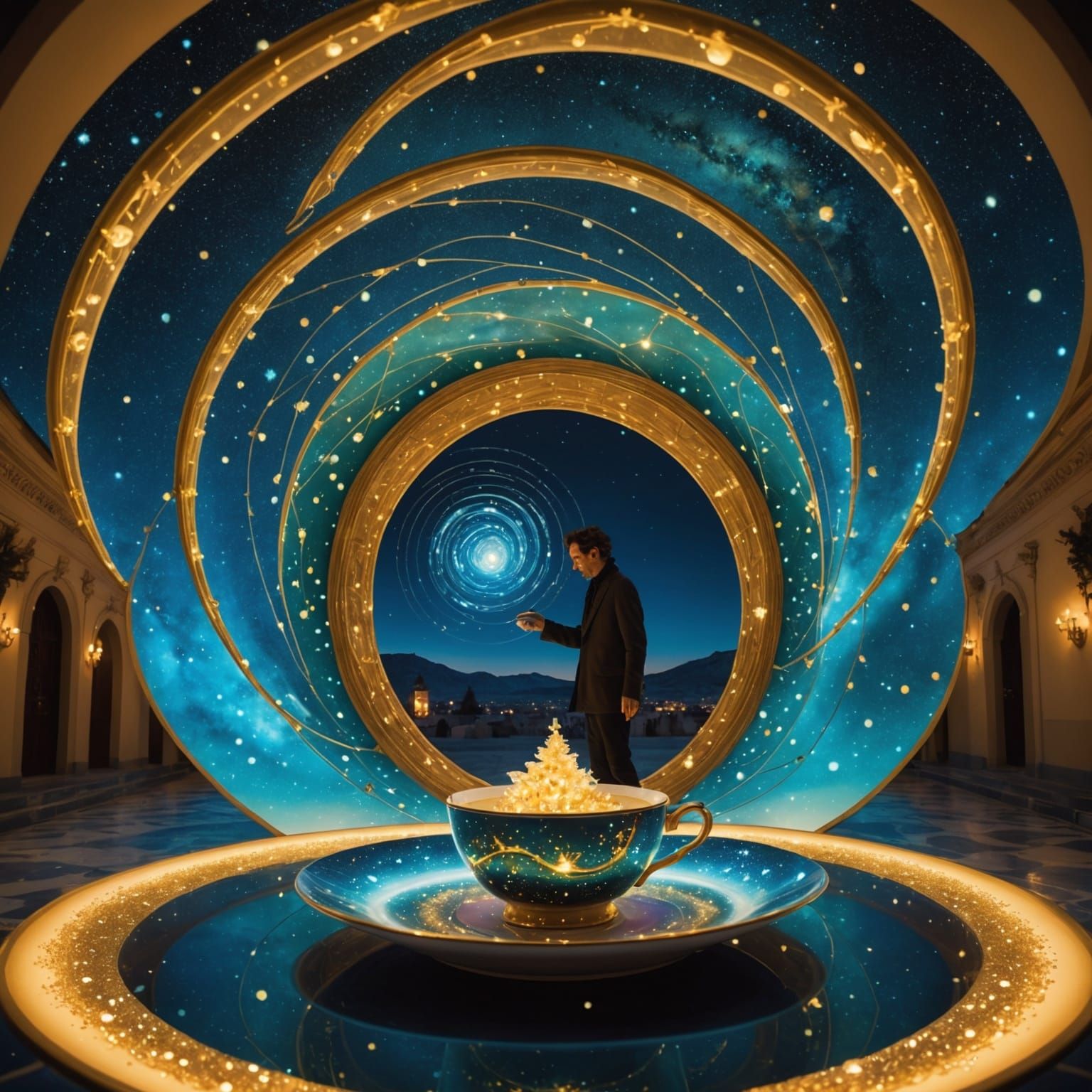 Man Enters Teacup Portal in Surrealist Galaxy Scene