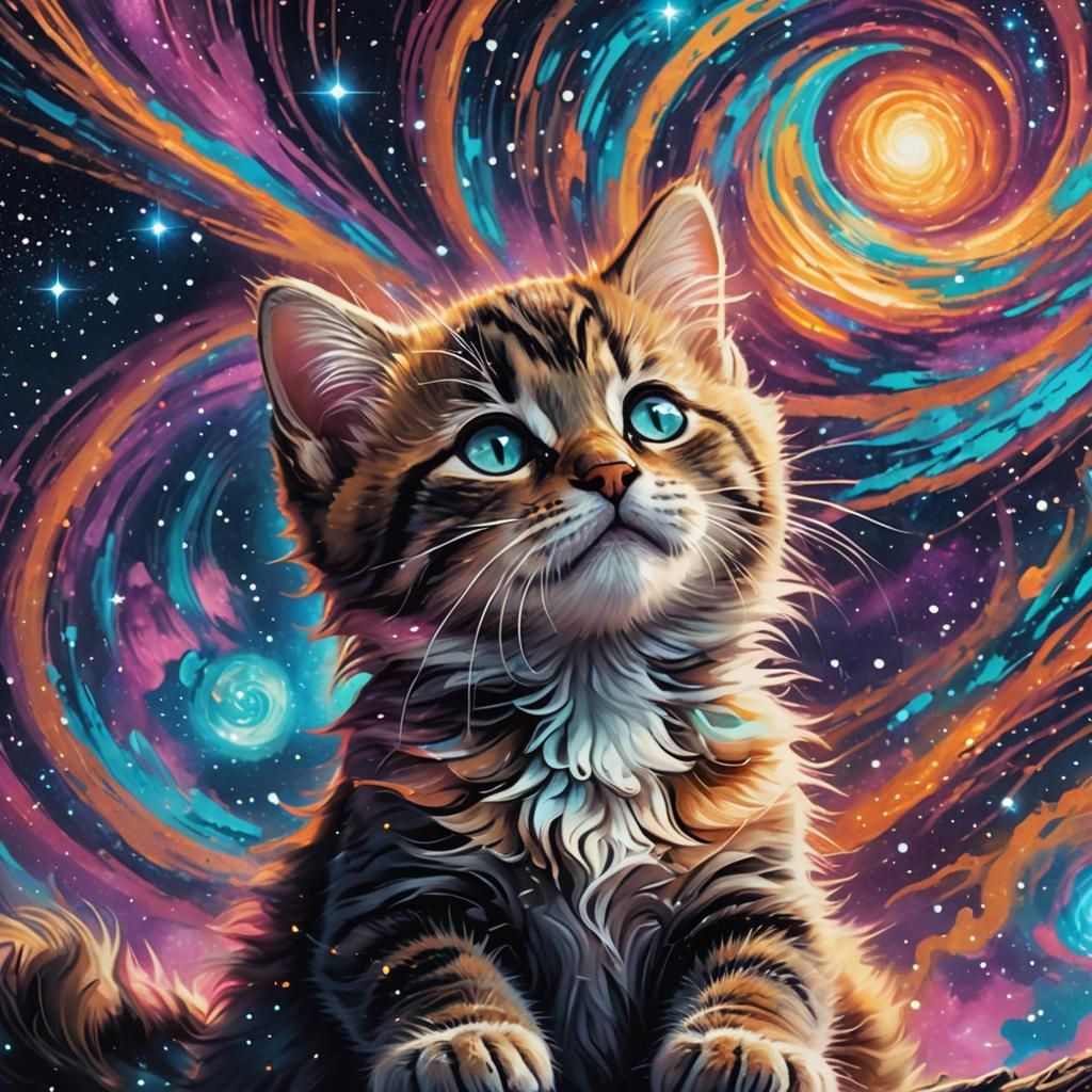 Kitten Stargazing in Surreal Cosmic Dreamscape