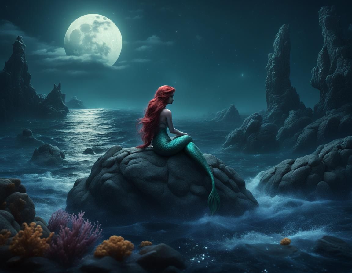 Sad Mermaid on Moonlit Rock: Detailed Fantasy Art