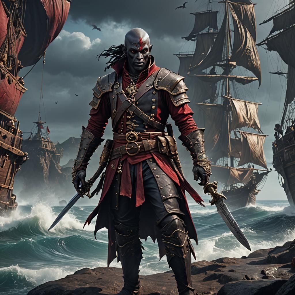 Dark Elf Pirate in Red Armor: Detailed Matte Painting