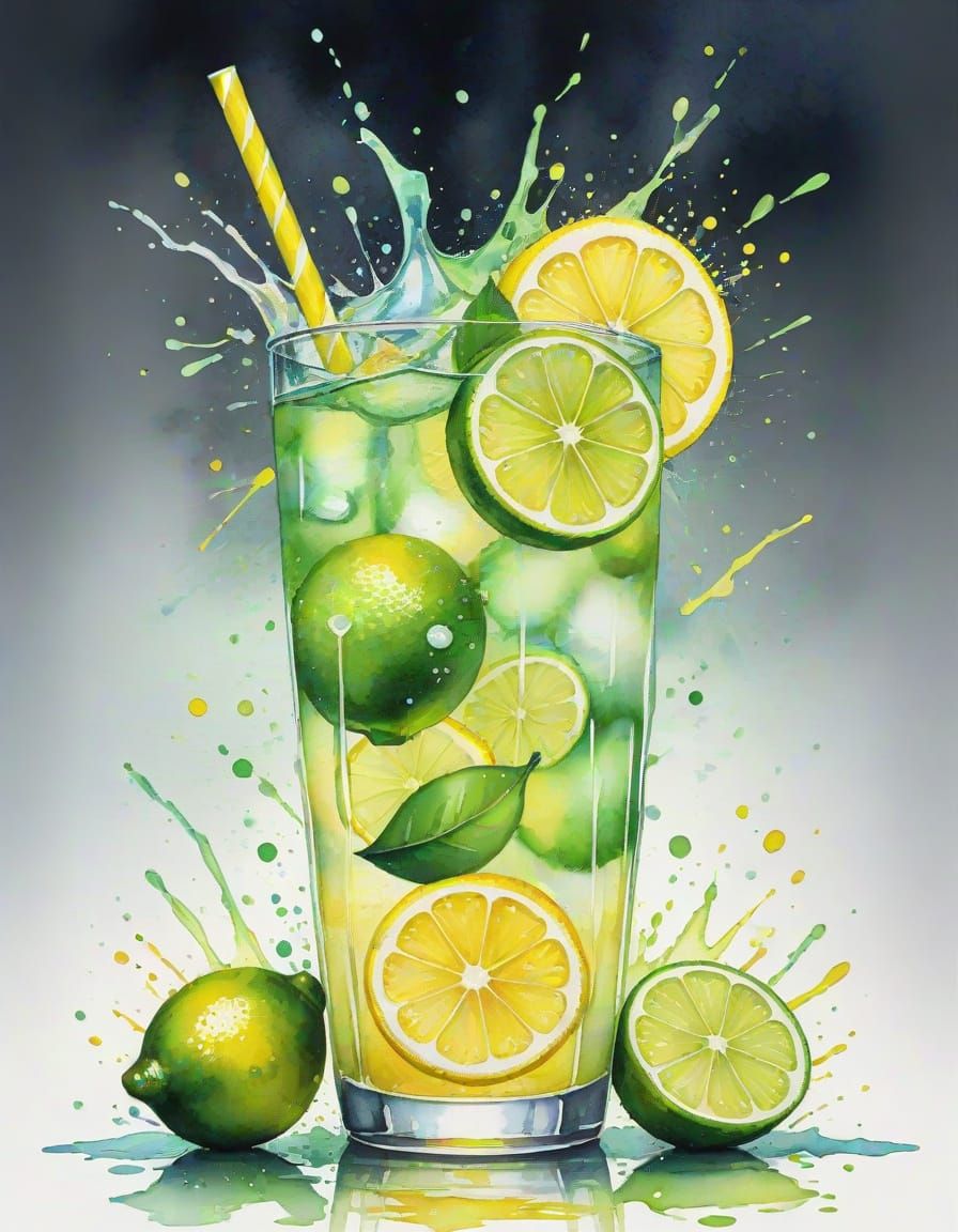 Vibrant Glass of Lemon Lime Soda in Watercolor