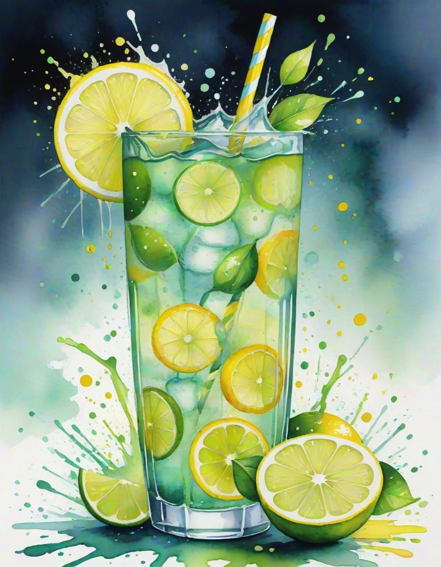 Colorful Lemon Lime Soda Splash Watercolor Art