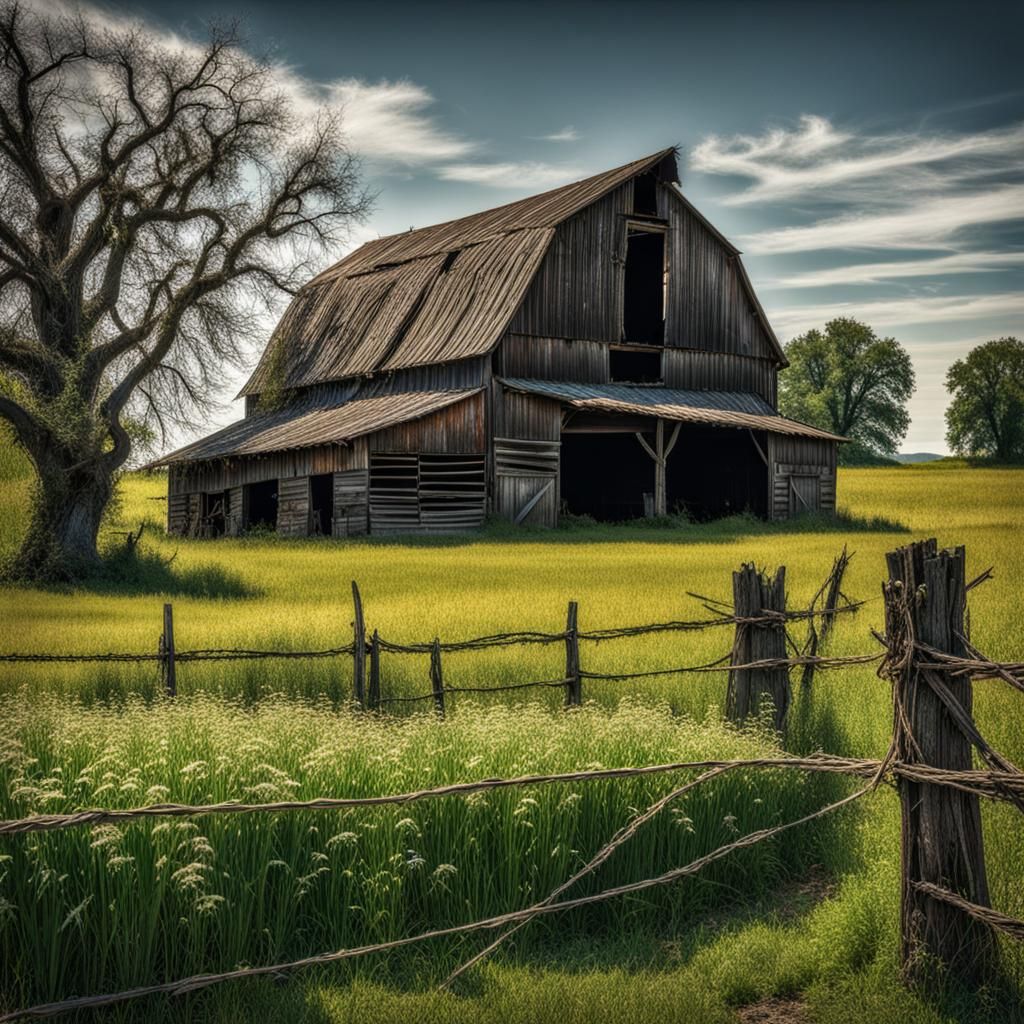Hyperrealistic Old Farm Barn with Dead Trees
