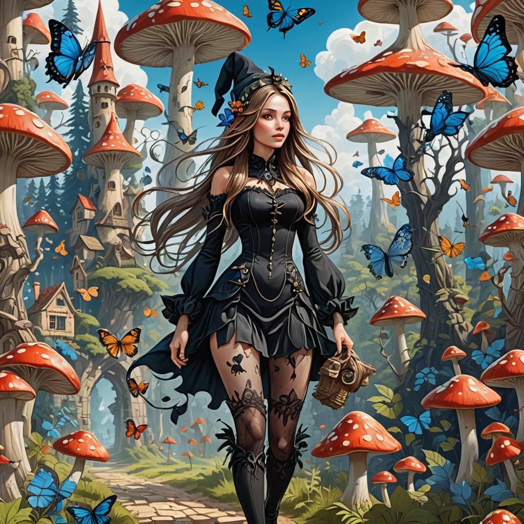 Gnome Lady in Mushroom Forest with Butterflies